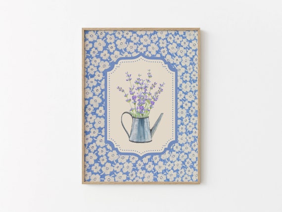 Floral Vintage Painting Lavender Wall Art Kitchen Printable Poster Living Room Wall Art Antique Wall Art Blue Floral Vintage Wall Art