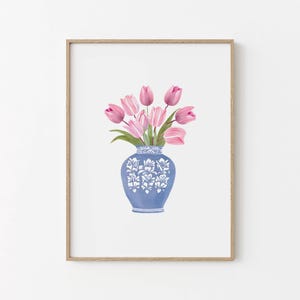 Pink tulip illustration in a cornflower blue vase 
floral art featuring pink tulips and a blue vase.
pink tulips vibrant blue vase
Modern floral wall art with pink tulips in a cornflower blue vase.
Digital illustration of pink tulips and a blue vase