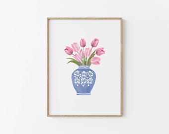 Pink Tulip Vase Tulip Illustration Print Trendy Floral Decor Blue Vase Wall Art Cornflower Pink Tulips Wall Art DIGITAL DOWNLOAD