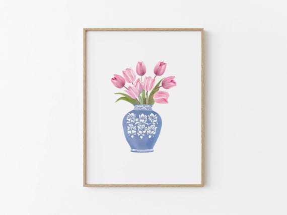 Pink Tulip Vase Tulip Illustration Print Trendy Floral Decor Blue Vase Wall Art Cornflower Pink Tulips Wall Art DIGITAL DOWNLOAD