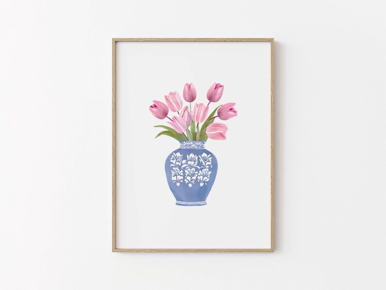 Pink tulip illustration in a cornflower blue vase 
floral art featuring pink tulips and a blue vase.
pink tulips vibrant blue vase
Modern floral wall art with pink tulips in a cornflower blue vase.
Digital illustration of pink tulips and a blue vase