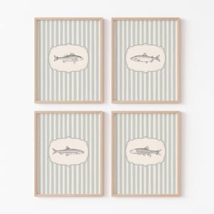 Vintage Fish Print Wall Art Set Of 4 for Bathroom Decor Digital Ocean Print Beach House Wall Decor Coastal Style Nautical Marine Artwork