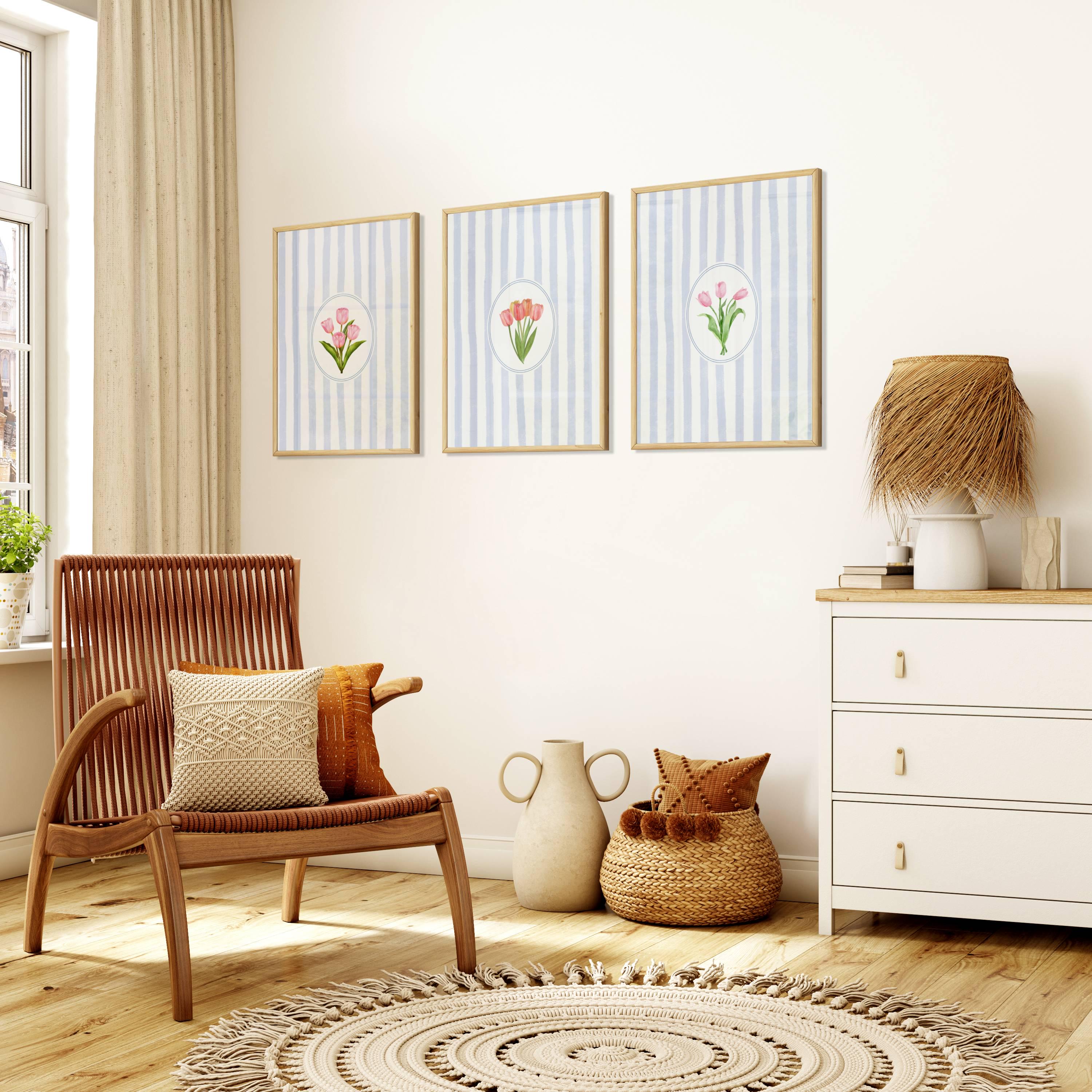 Vintage Blue Stripped Pink Tulip Print Set of 3 Stripped Blue Wall ...