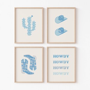 Blue Cowgirl Prints Set Of 4 Minimalist Southern Wall Art Posters Vintage Western Cowgirl Art Cute Blue Apartment Decor Blue Western Country