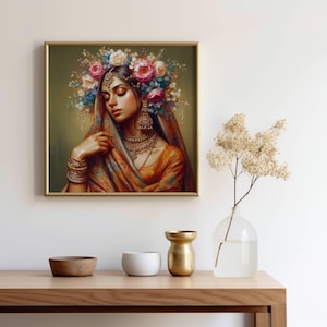 Indian Girl With Flowers Print Indian Pop Art Desi WomeN Printable Indian Wall Art Feminist Poster Desi Girl With Saree DIGITAL DOWNLOAD ART