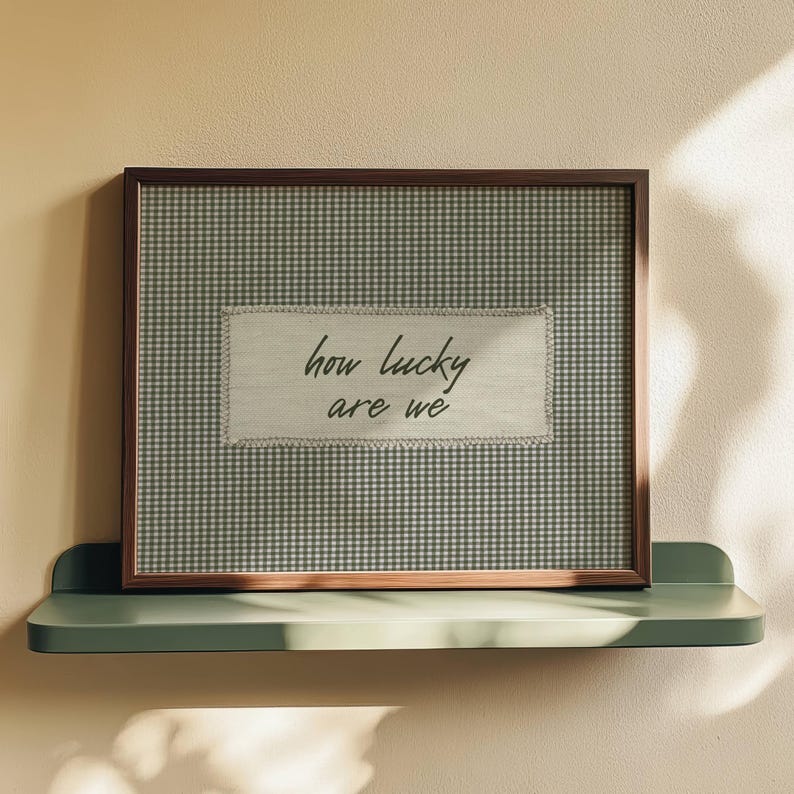 May include: A framed artwork with a brown wooden frame. The artwork features a gingham pattern background with a rectangular patch in the center that reads "how lucky are we". The artwork is displayed on a green shelf.