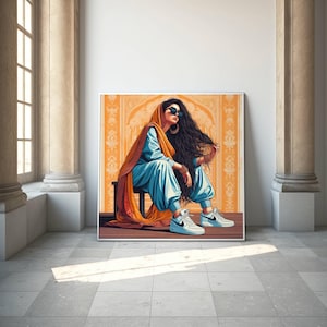 モダンなインド人女性の座りアート インドポップなデシ女性の座りアート キッチンの壁アート インドの壁アート オレンジ色のフェミニストポスター デシガールスワッグアート