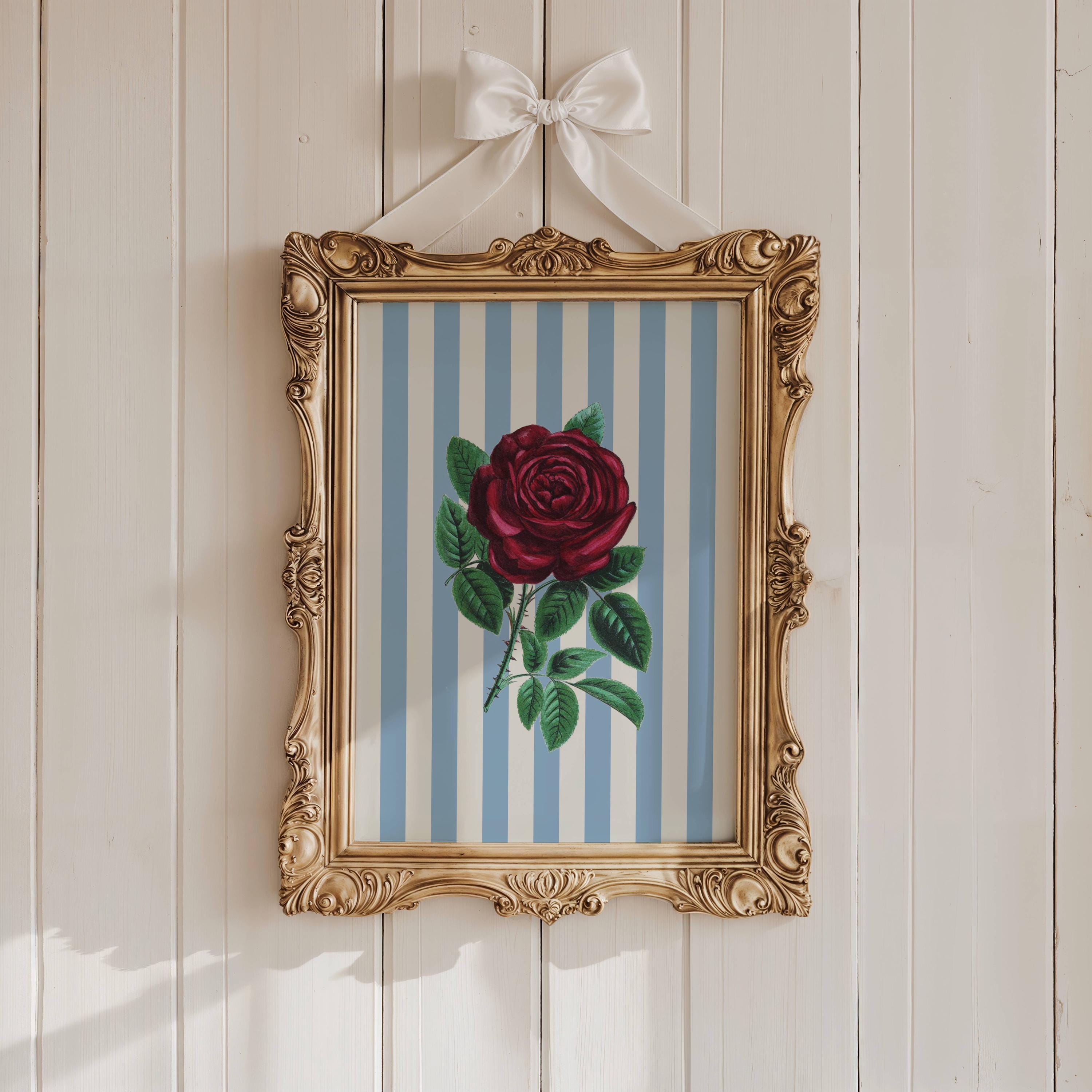 Blue Stripped Rose Wall Art Print Red Rose Flower Decor Vintage Style ...