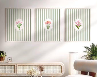 Vintage Sage Green Stripped Pink Tulip Print Set Of 3 Stripped Green Wall Decor Botanical Floral Printable Vintage Room Decor Gift For Her