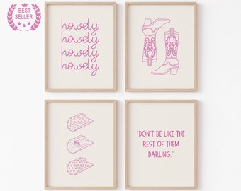Rosa cowgirl-tryck Set med 4 citatväggkonst Preppy väggkonst Minimalistisk sydstatsväggkonst Västerländsk studentrumsdekor Flickiga rosa cowgirl-posters