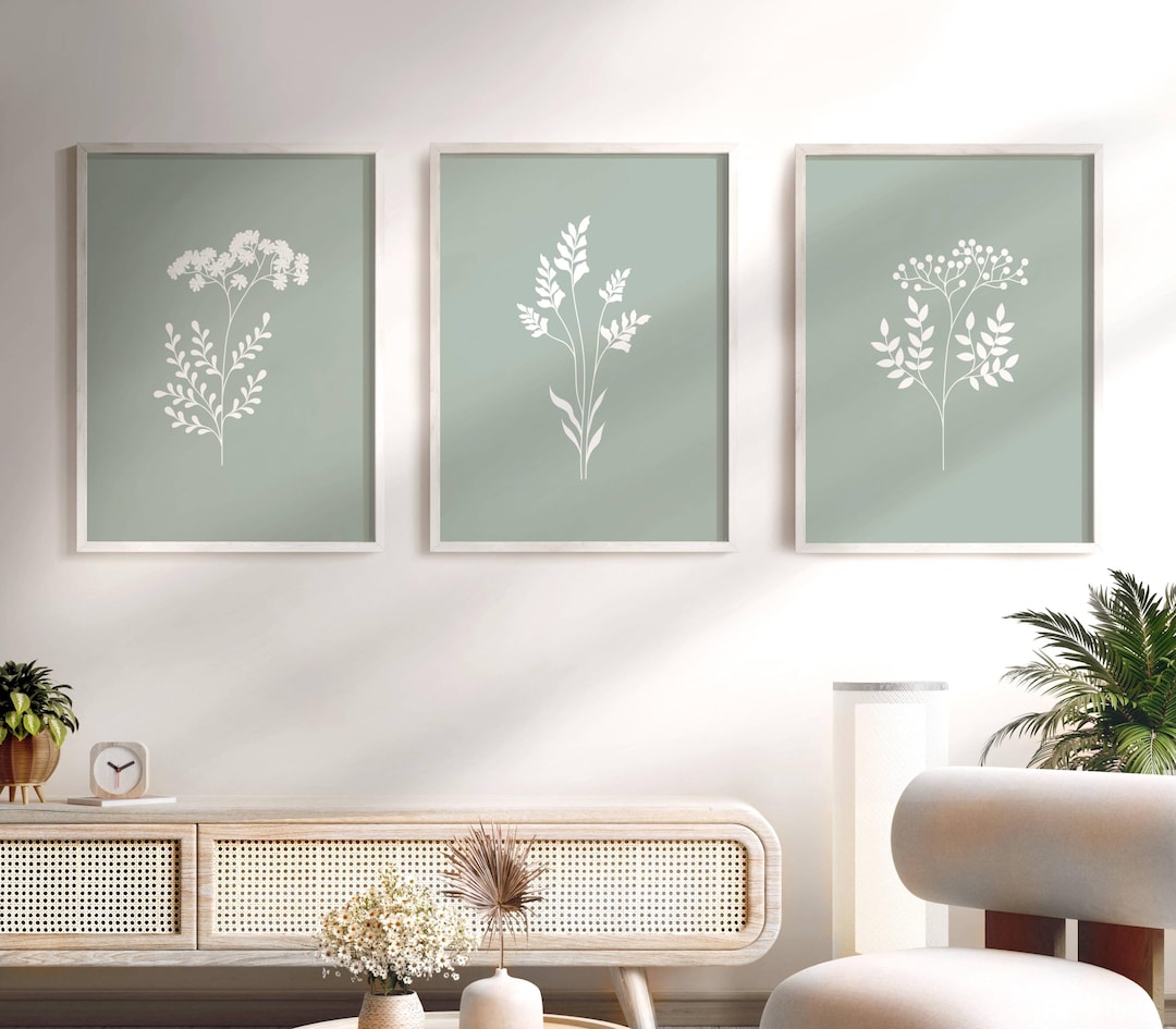 Sage Green Floral Wall Art Set of 3 Light Sage Green Wall Prints Green ...