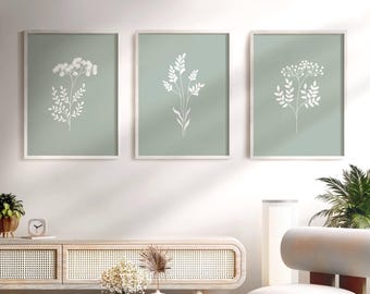 Lot de 3 oeuvres d'art murales florales vert sauge clair Décoration murale verte Impressions botaniques Décoration murale naturelle vert sauge