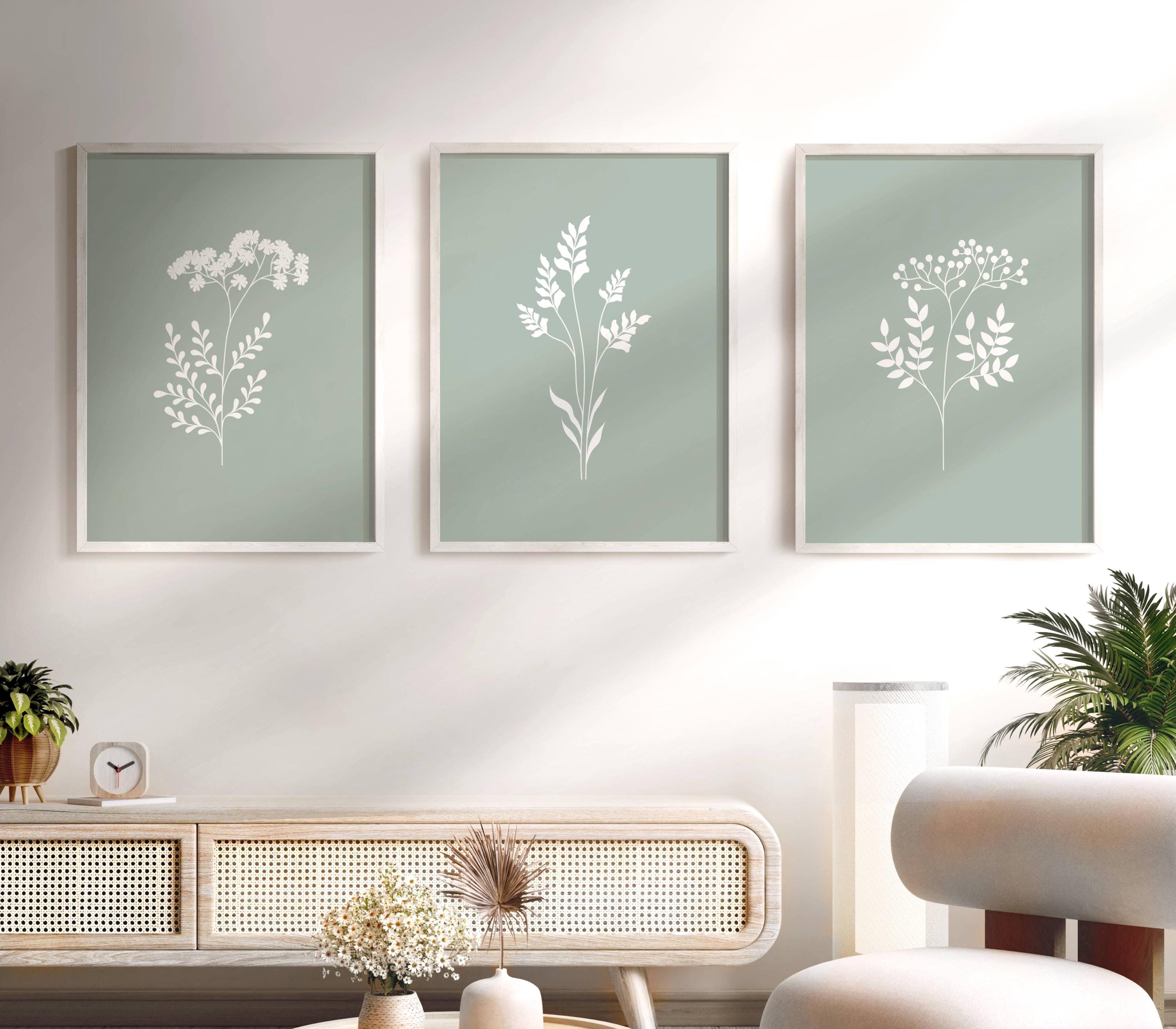 Sage Green Floral Wall Art Set of 3 Light Sage Green Wall Prints Green ...
