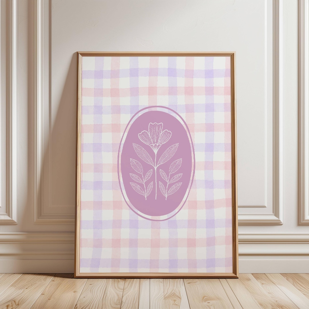 Botanical Pink Art Print Pink Check Wall Art Botanical Cottagecore ...