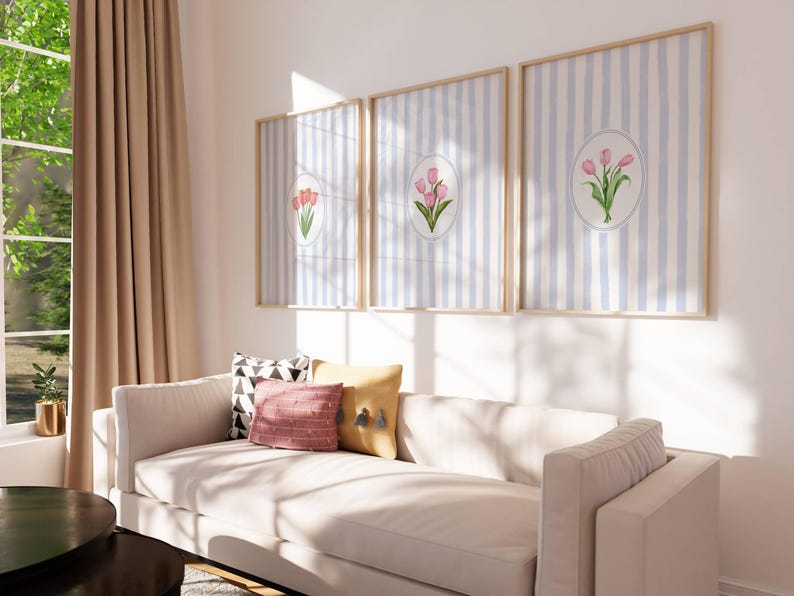 Vintage Blue Stripped Pink Tulip Print Set of 3 Stripped Blue Wall ...