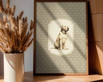 May include: A framed print featuring a seated Labrador Retriever illustration. The dog is depicted in a light beige colour, set against a patterned background in shades of beige and brown. The frame is a dark brown colour.