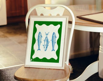 Blue Fish Wall Art Green Blue Fish Kitchen Decor DIGITAL DOWNLOAD Print Trendy Home Decor Nautical illustration Cottagecore wall Art