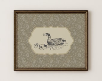 Estampado de pato vintage, decoración rústica para el hogar, boceto antiguo, decoración de pared de granja, patos, decoración de pared para guardería, pintura al óleo imprimible de aves antiguas