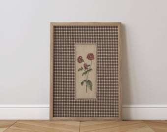 Vintage Floral Wall Art Rustic Brown Gingham Botanical Print Cottagecore Farmhouse Decor PRINTABLE Floral Art Download