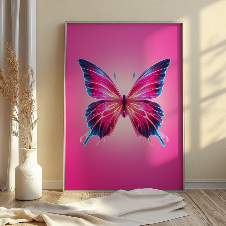Pink Butterfly Print Neon Pink Wall Decor Cute Apartment Wall Art