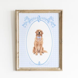 Vintage Gingham Golden Retriever Art Nursery Print Baby Boy Nursery Dog Nursery Print Blue Floral Nursery Wall Art Nursery Boys Room Decor