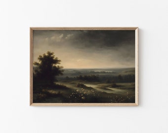 Impresión de paisaje melancólico, pintura de flores silvestres, arte vintage imprimible, impresión de paisaje oscuro, paisaje antiguo, decoración del hogar, pintura de paisaje melancólico