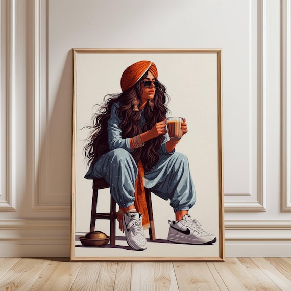Modern Indian Woman Sipping Tea Art Indian Pop Art Desi Turban Women Drinking   Indian Punjabi Wall Art Feminist Poster Desi Girl Tea Art