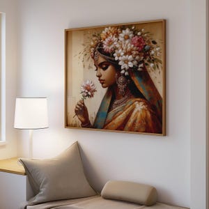 Indian Girl With Flowers Print Indian Pop Art Desi WomeN Printable Indian Wall Art Feminist Poster Desi Girl With Saree DIGITAL DOWNLOAD ART