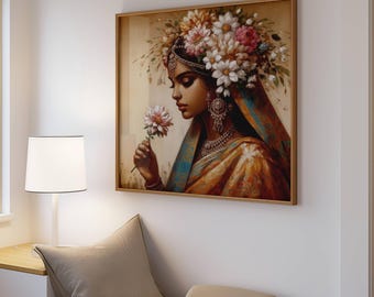 Indian Girl With Flowers Print Indian Pop Art Desi WomeN Printable Indian Wall Art Feminist Poster Desi Girl With Saree DIGITAL DOWNLOAD ART