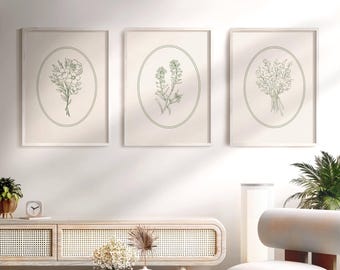 Green Floral Prints Set Of 3 Sage Green Wall Art Botanical Floral Illustration Trendy Home Decor Cottagecore Wall Art Floral Printable