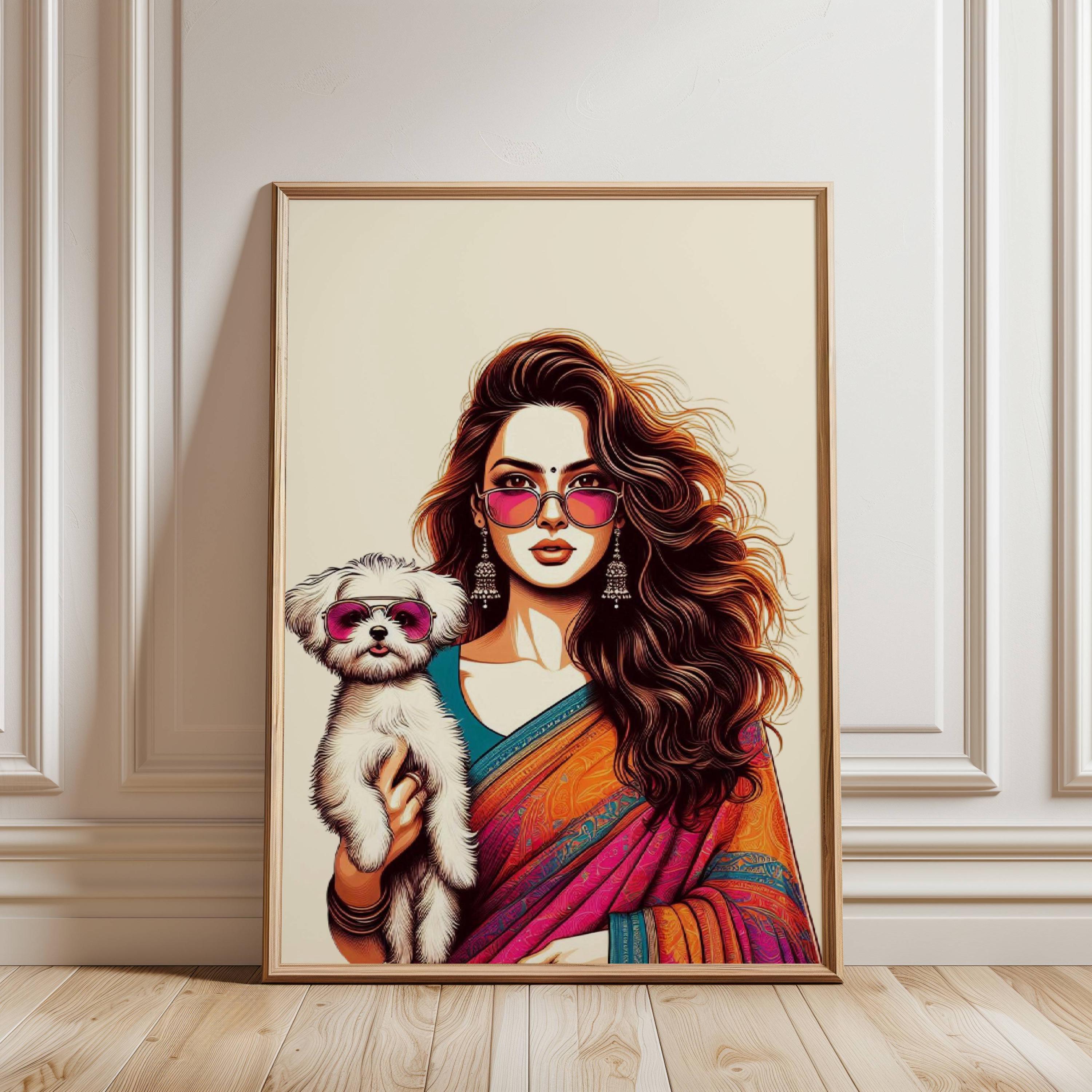 Modern Indian Woman with Dog Art Indian Pop Art Desi Women Dog Art LivingRoom  Wall Art Indian Wall Art Feminist Poster Desi Girl Animal Art