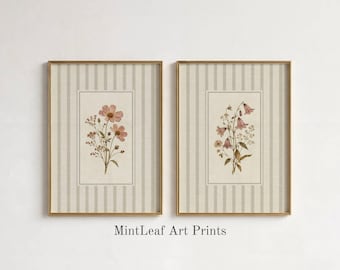 Set of 2 Pressed Flower Wall Art, Neutral Striped Botanical Prints, Vintage Wildflower Art, English Cottage Decor, Digital Download