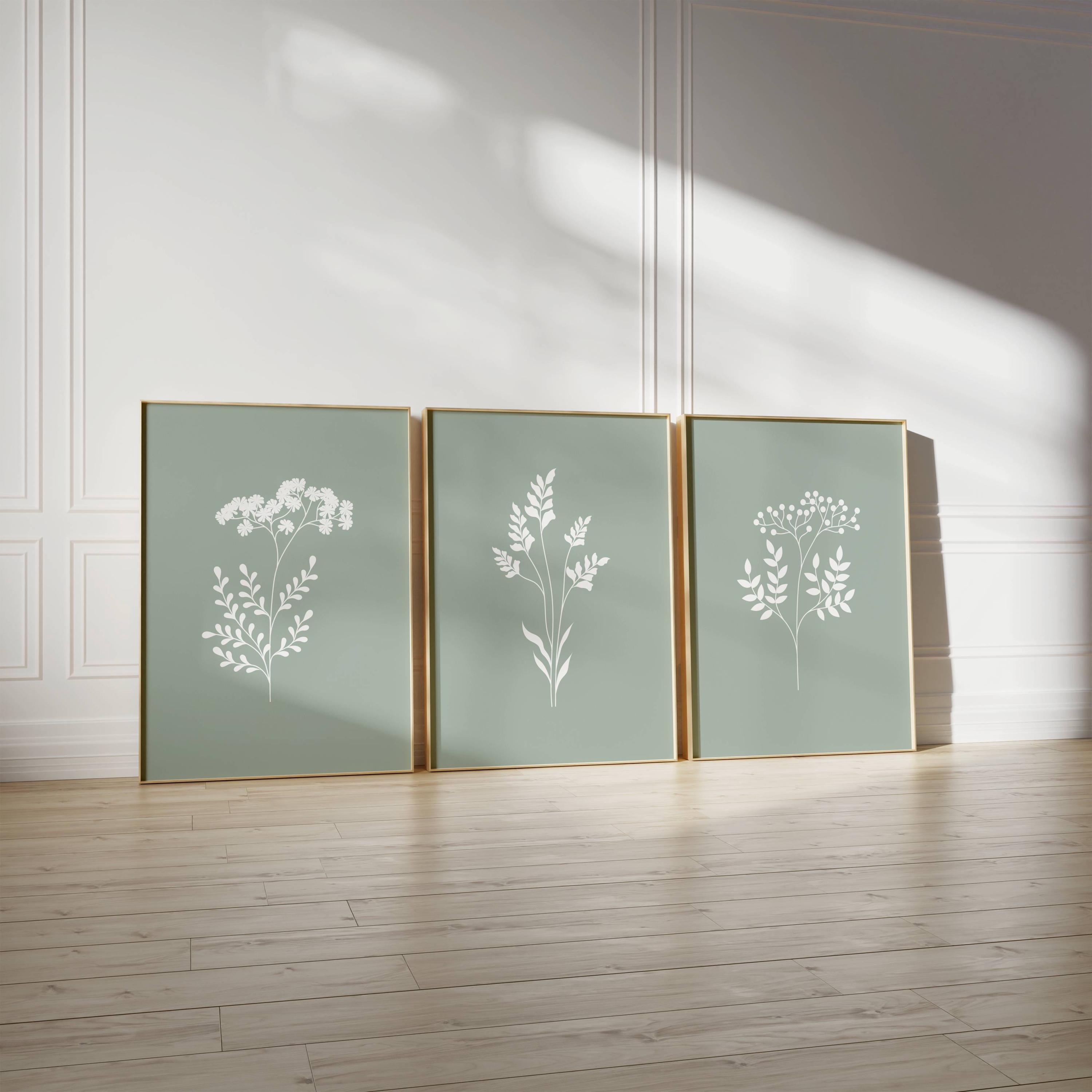 Sage Green Floral Wall Art Set of 3 Light Sage Green Wall Prints Green ...