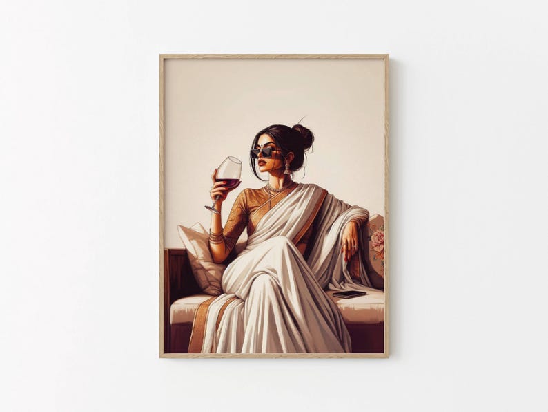 Vibrant digital art of a modern Indian woman drinking wine.
Feminist wall art showcasing contemporary Indian culture.
Bold and bright kitchen wall decor with a modern Indian theme.
desi woman in pop art style.