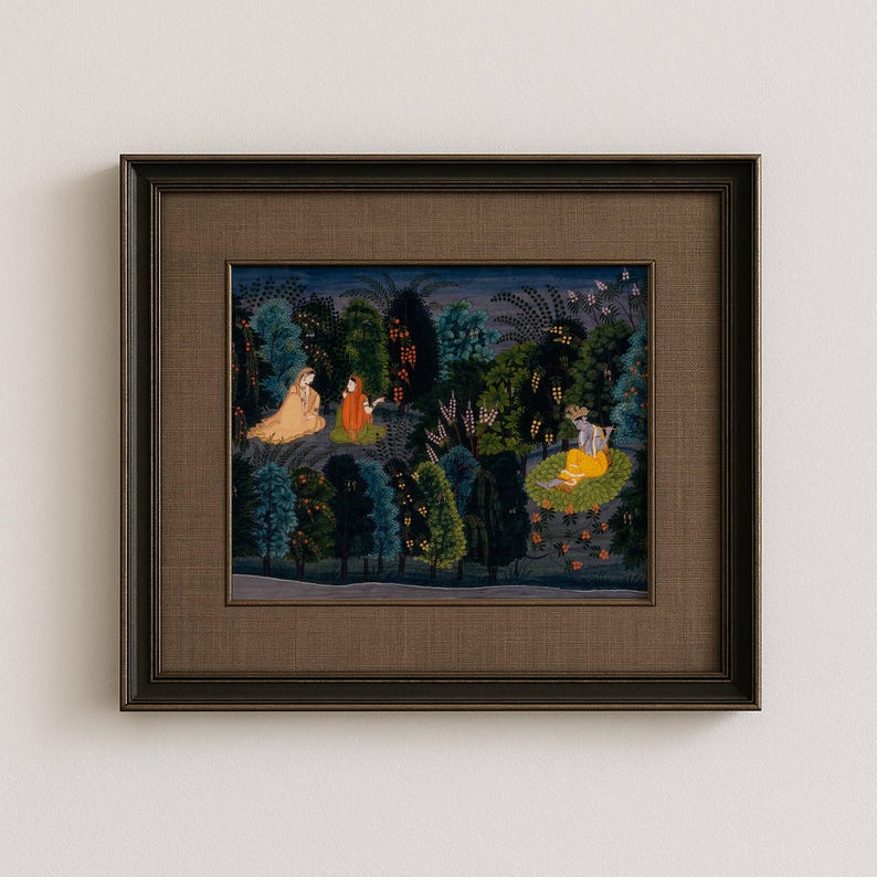 May include: Framed artwork showing a forest scene with figures in traditional dress. The painting has a dark brown frame and a detailed landscape with vibrant colours and intricate details, creating a serene and artistic ambiance.
