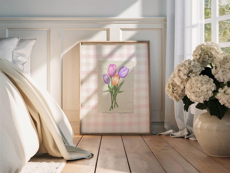 Pink Tulip Illustration Print Abstract Vintage Painting Vintage
