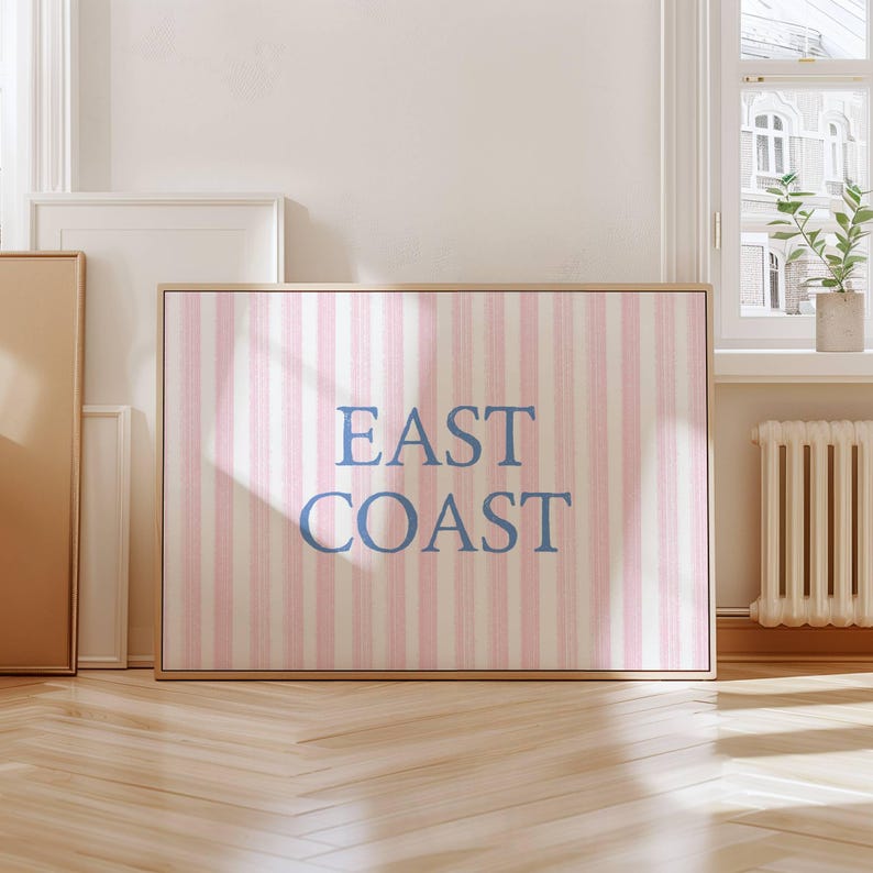 Preppy Coastal Print Digital Wall Art East Coast Design Blue Pink Stripes Nautical Theme Artwork Home Office Display Beach House Style Multiple Sizes Available Contemporary Interior Design Professional Quality Download Instant Access