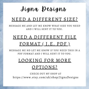 May include: White background with text from Jigna Designs. The text includes: "Need a different size?" and "Need a different file format (i.e. PDF)?" The Etsy shop URL is also included.