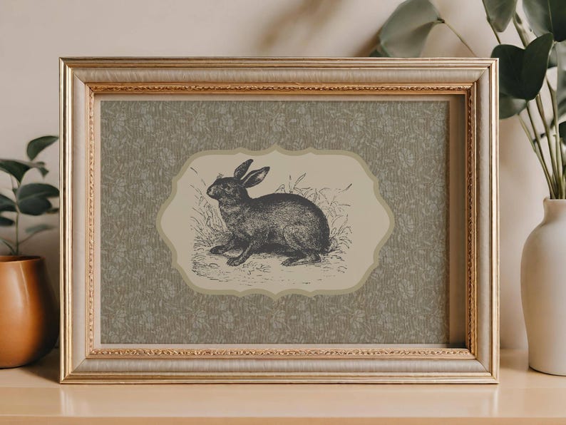 Vintage Rabbit Sketch Print Vintage Neutral Bunny Wall Art Country ...