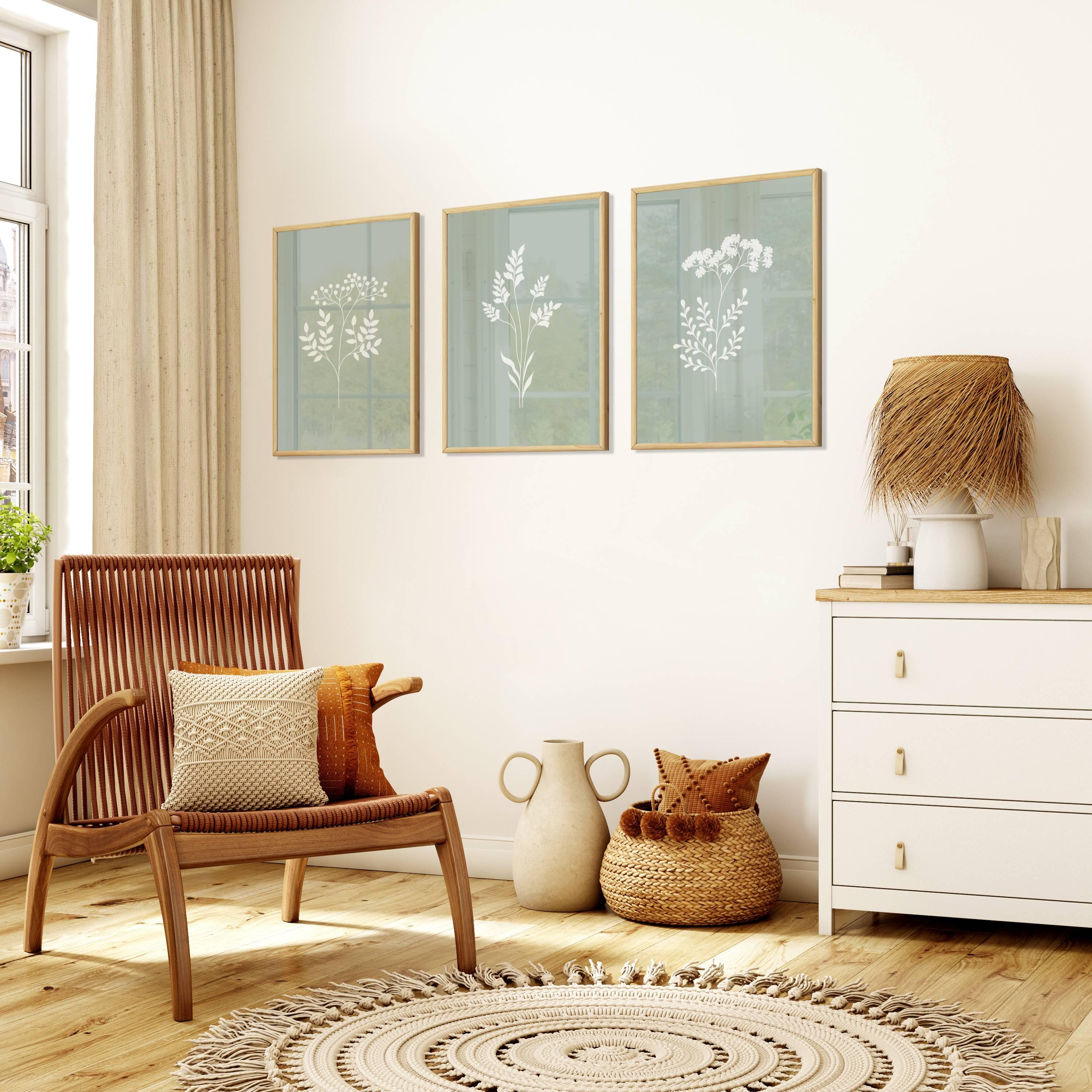 Sage Green Floral Wall Art Set of 3 Light Sage Green Wall Prints Green ...