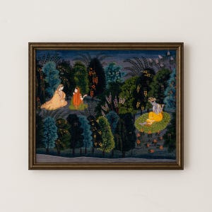 A vintage Krishna print featuring Hindu deity wall art. This traditional Indian folk painting depicts Krishna and Gopi in a scene of devotion and spirituality. intricate details, it is perfect for enhancing sacred spaces and home altars.