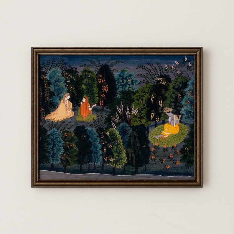 A vintage Krishna print featuring Hindu deity wall art. This traditional Indian folk painting depicts Krishna and Gopi in a scene of devotion and spirituality. intricate details, it is perfect for enhancing sacred spaces and home altars.