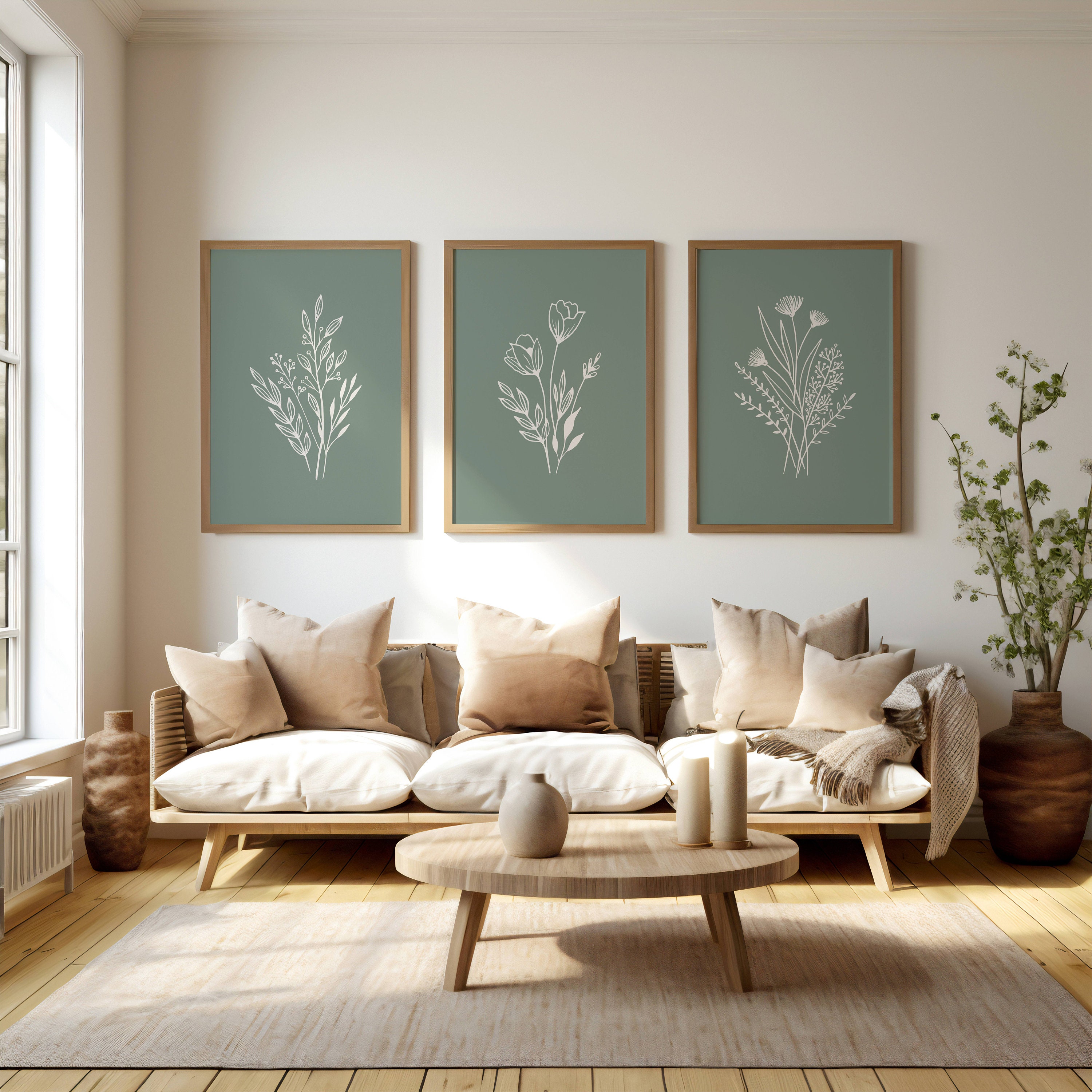 Green Floral Wall Art Set of 3 Sage Green Wall Prints Green Wall Decor ...