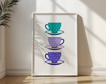 Tea Cup and Saucers Printable Wall Art Bright Kitchen Wall Art Dotted Cups and Saucers Retro Kitchen Art Teacup Art Print Colourful Wall Art