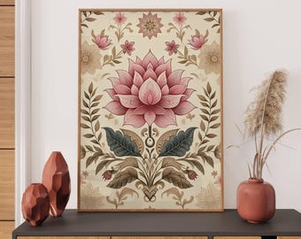 Impresión de loto arte popular indio tradicional indio rosa loto imprimible arte de la pared indio vintage Pichwai pintura loto cartel sala de estar decoración