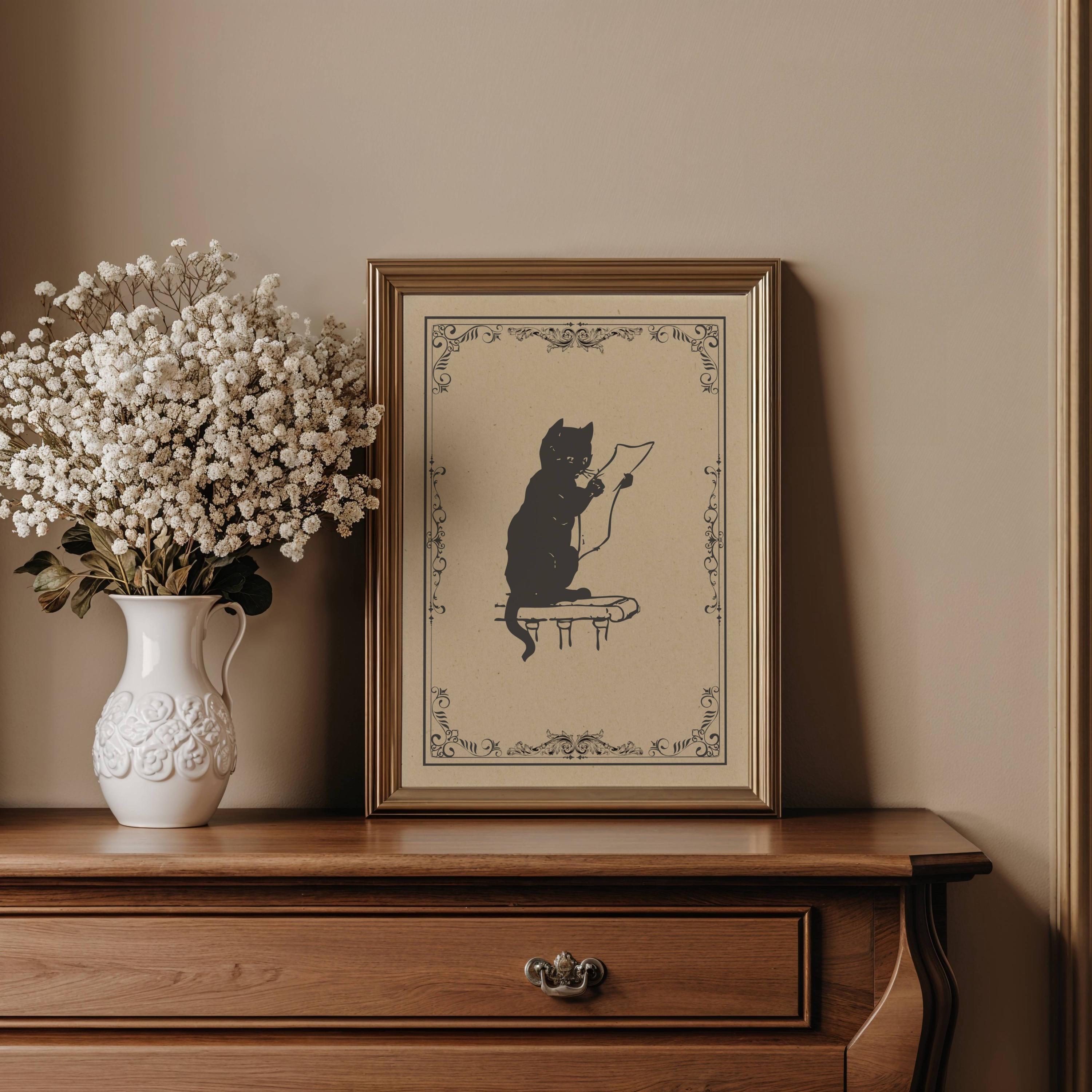 Vintage Cat Reading Painting Cat Antique Decor Vintage Cat Wall Print Cat Print Wall Decor Moody Animal Wall Art Sleeping Cat Oil Painting