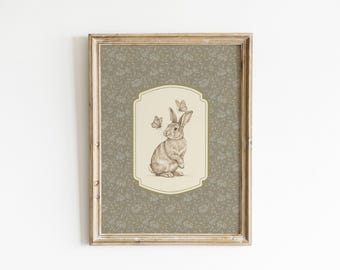 Rabbit Nursery Art DIGITAL DOWNLOAD Wall Decor Vintage Bunny Print Illustration Butterfly Woodland Theme Baby Room Earth Tone Sage Green