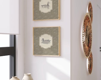 Cuadro cuadrado con estampado de patos vintage, decoración rústica para el hogar, boceto antiguo, decoración de pared de granja, patos, decoración de pared para guardería, pintura al óleo imprimible de aves antiguas