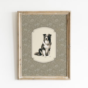 Peut inclure: Impression encadrée représentant une illustration de chien Border Collie. Le chien est représenté en noir, blanc et gris, sur un fond crème dans un cadre décoratif. Le cadre présente un motif floral.