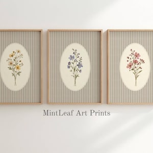 May include: Three framed art prints in light wood frames, each featuring a vertical striped background and a central oval containing a botanical illustration of yellow, blue, or pink wildflowers. The text MintLeaf Art Prints is visible.